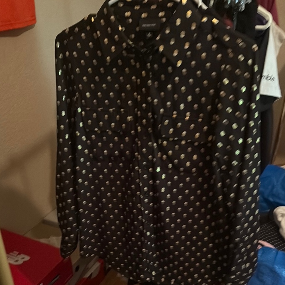 New York & Company Black and Gold Polka Dot Blouse